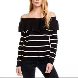 Chaser Cream Blue Stripe Ruffle Knit Sweater On or Off Shoulder Size Medium